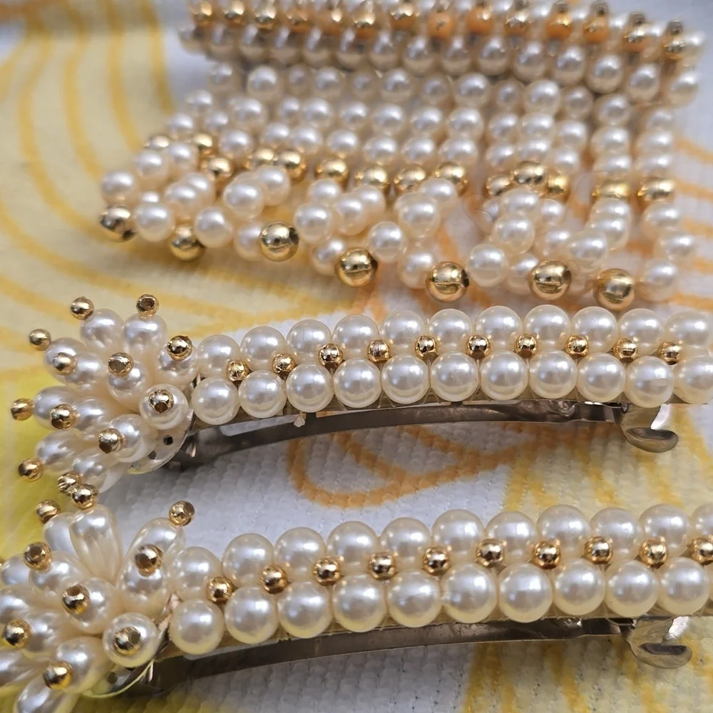 EUC - Vintage Faux Pearl and Gold Beads Hair Clips, Bundle of 3